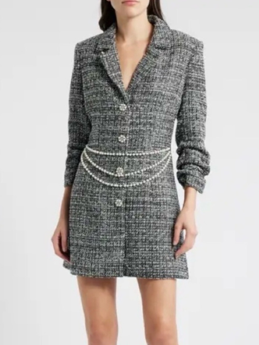 LIKELY Tweed Pearl-Accent Blazer Dress - Gray Size 0